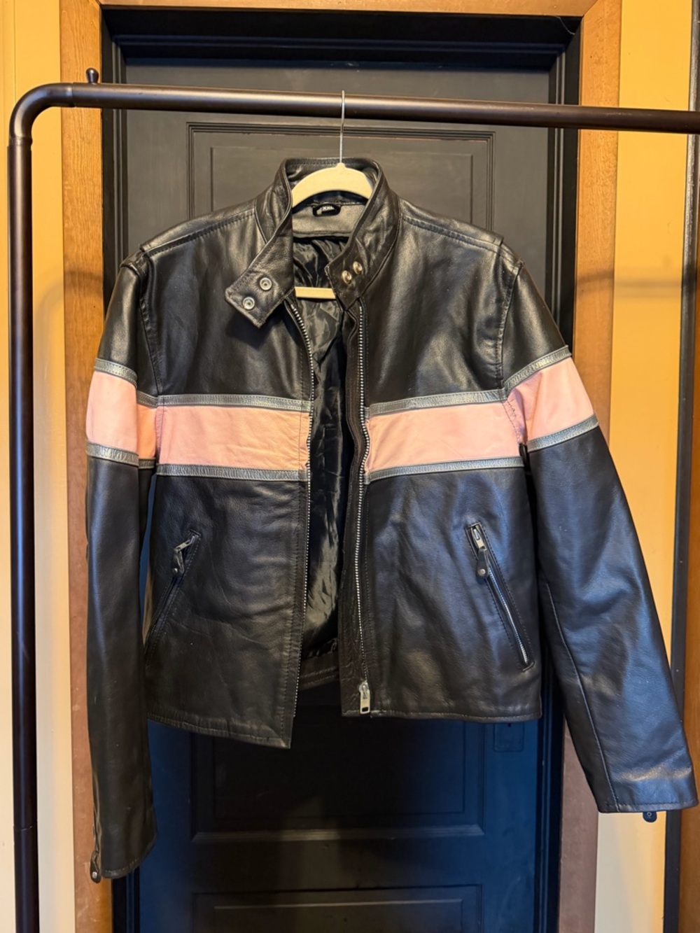 Vintage Black Leather Jacket with Pink Stripe - women’s